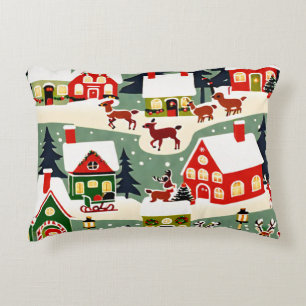 Christmas tree Xmas village snowing pic Accent Pillow