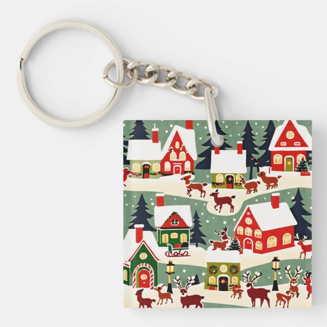 Christmas tree Xmas village snowing pic Keychain (Front)