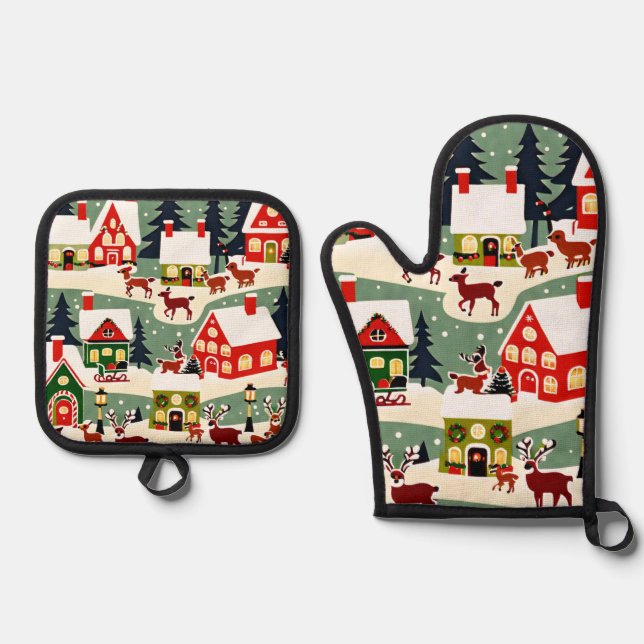Christmas tree Xmas village snowing pic Oven Mitt & Pot Holder Set (Front)