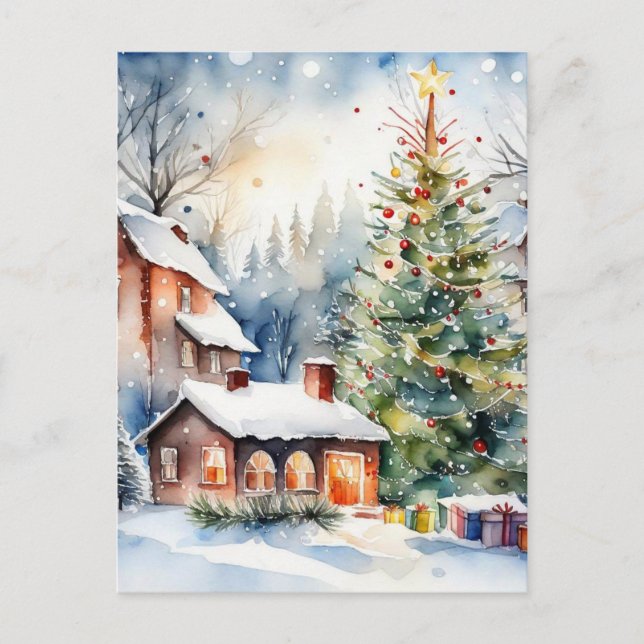 Christmas tree Xmas village snowing pic Postcard (Front)