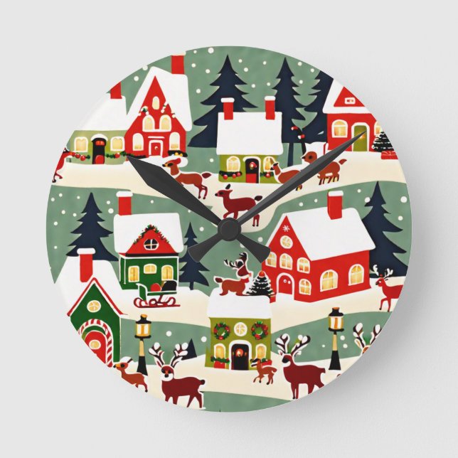 Christmas tree Xmas village snowing pic Round Clock (Front)