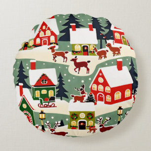 Christmas tree Xmas village snowing pic Round Pillow