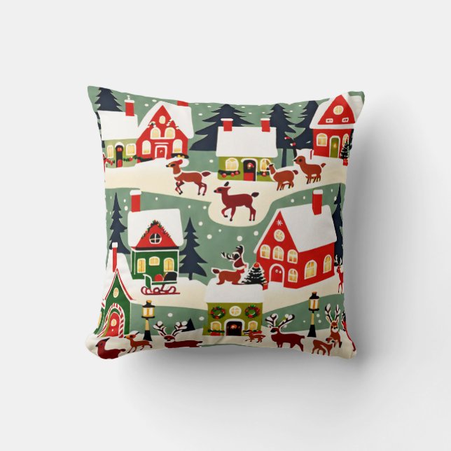 Christmas tree Xmas village snowing pic Throw Pillow (Front)