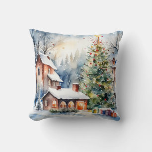 Christmas tree Xmas village snowing pic Throw Pillow