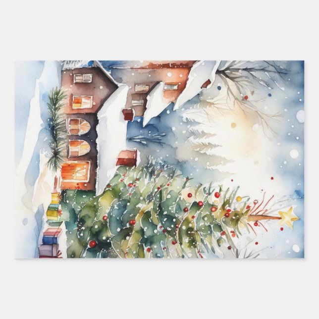 Christmas tree Xmas village snowing pic Wrapping Paper Sheet (Front)