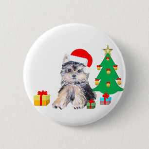 Christmas tree, Yorkshire puppy dog & gifts 2 Inch Round Button