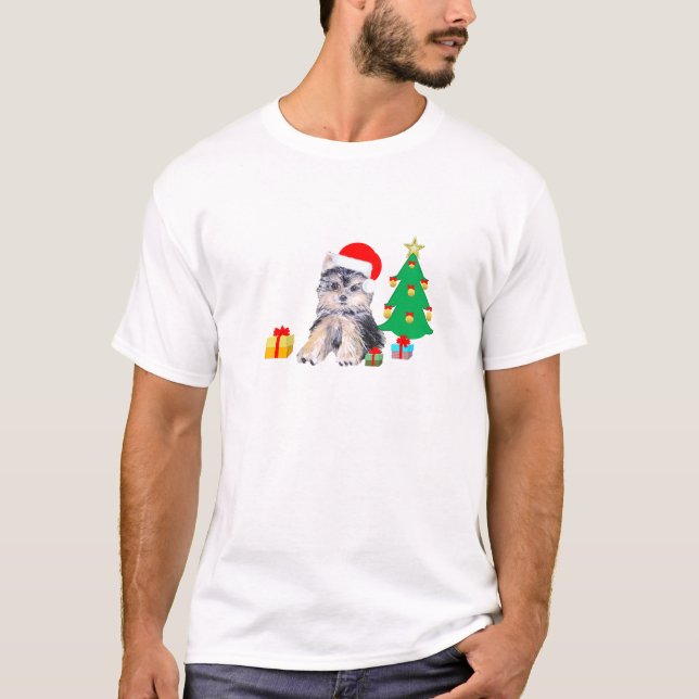 Christmas tree, Yorkshire puppy dog & gifts T-Shirt (Front)