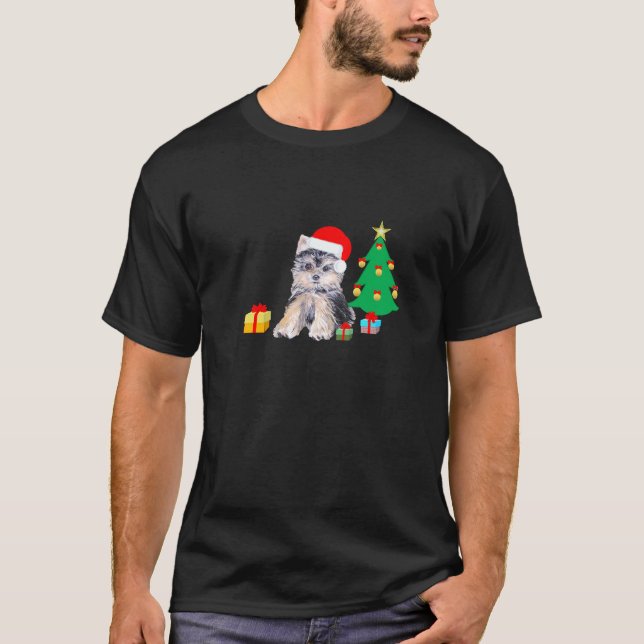 Christmas tree, Yorkshire puppy dog & gifts T-Shirt (Front)
