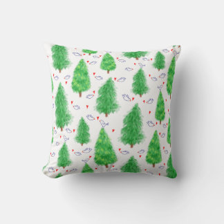 Christmas Trees and Birds Throw Pillow