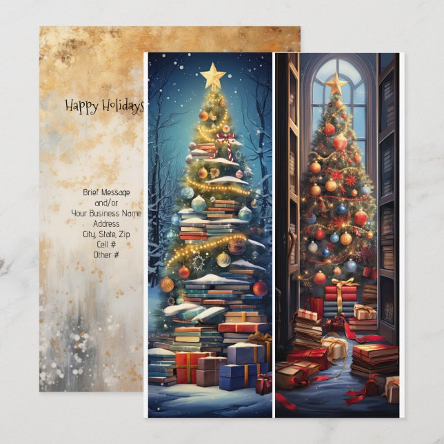 Christmas Trees and Books Promotional Bookmarks on Holiday Card (Front/Back)