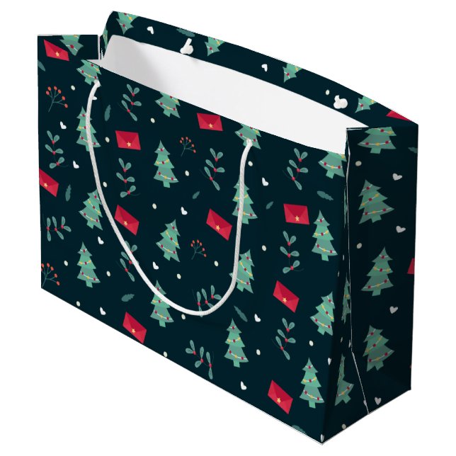 Christmas Trees and Holly Modern Pattern Dark Blue Large Gift Bag (Back Angled)