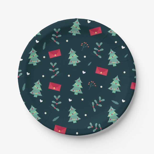 Christmas Trees and Holly Modern Pattern Dark Blue Paper Plate (Front)