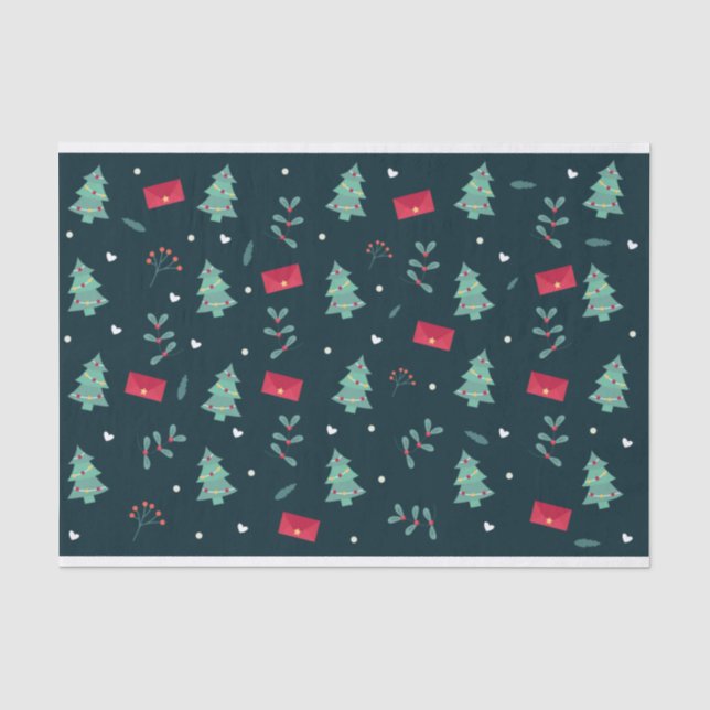 Christmas Trees and Holly Modern Pattern Dark Blue Tissue Paper (Front)