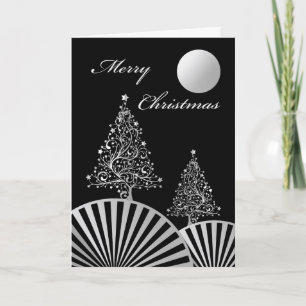 Christmas Trees and Moon, Modern Silver Design Card