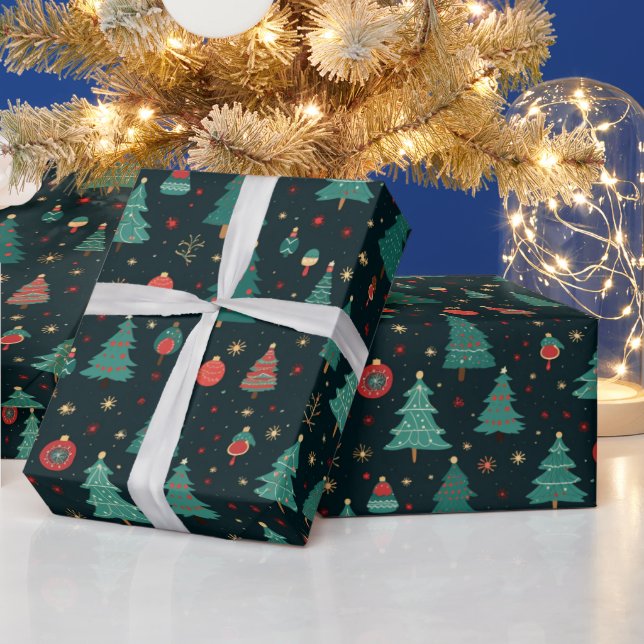 Christmas Trees and Ornaments Black Christmas Wrapping Paper (Holidays)