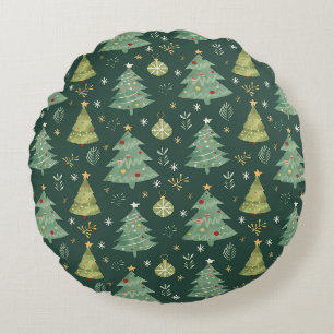 Christmas Trees and Ornaments Pattern Round Pillow
