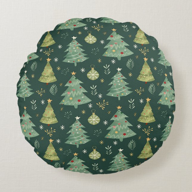 Christmas Trees and Ornaments Pattern Round Pillow (Front)