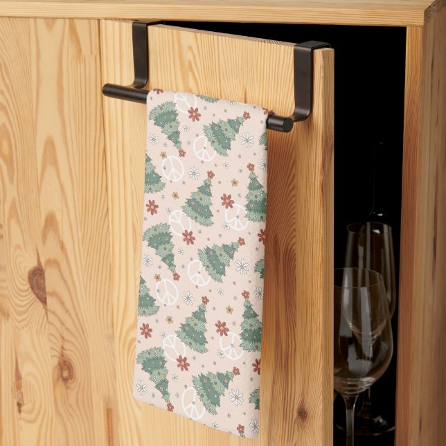 Christmas Trees and Peace Signs Pattern Kitchen Towel (Thirds Fold)