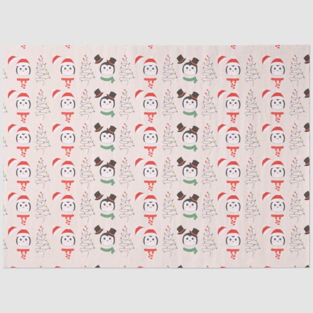 Christmas Trees and Penguins Beige Christmas Tissue Paper (Front)