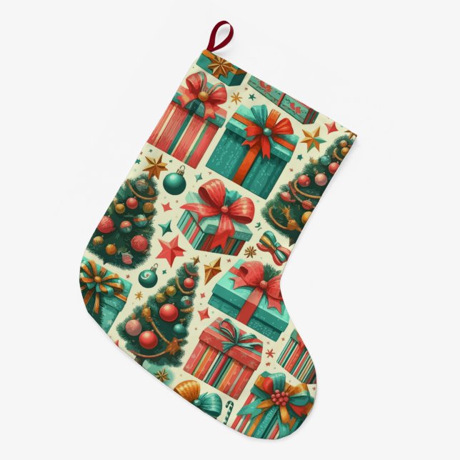 Christmas trees and presents art pattern large christmas stocking (Front (Hanging))