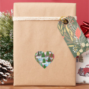 Christmas trees and snow hares heart sticker