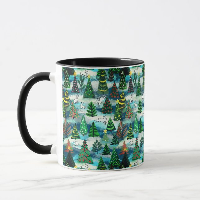 Christmas trees and snow hares mug (Left)