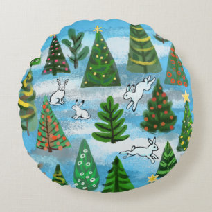 Christmas trees and snow hares round pillow