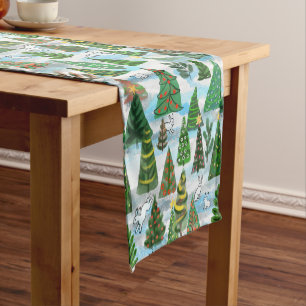 Christmas trees and snow hares  short table runner
