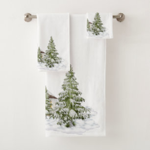 Christmas Trees and Snow On White Bath Towel Set