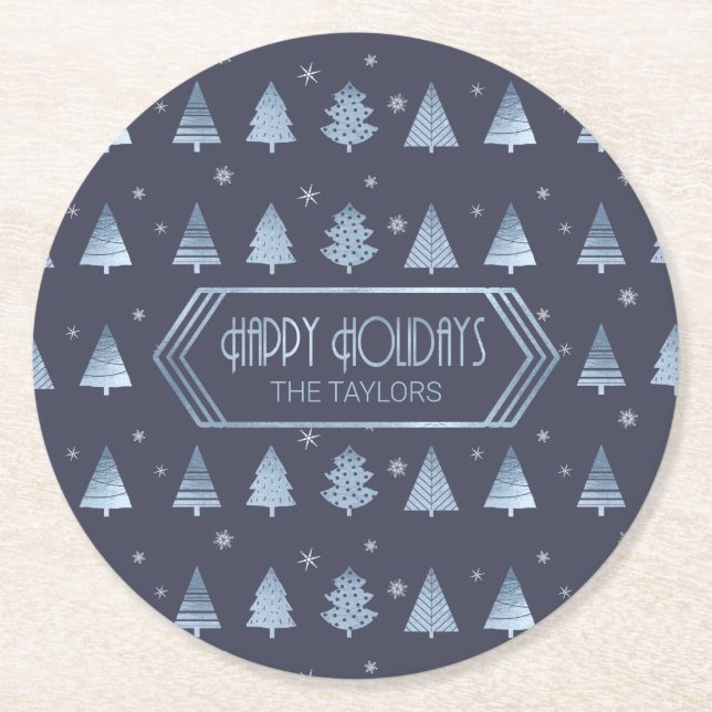 Christmas Trees and Snowflake Pattern Blue ID863 Round Paper Coaster (Front)