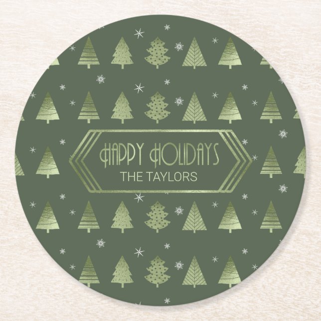 Christmas Trees and Snowflake Pattern Green ID863  Round Paper Coaster (Front)
