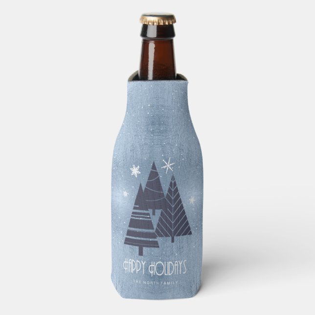 Christmas Trees and Snowflakes Blue ID863 Bottle Cooler (Bottle Front)