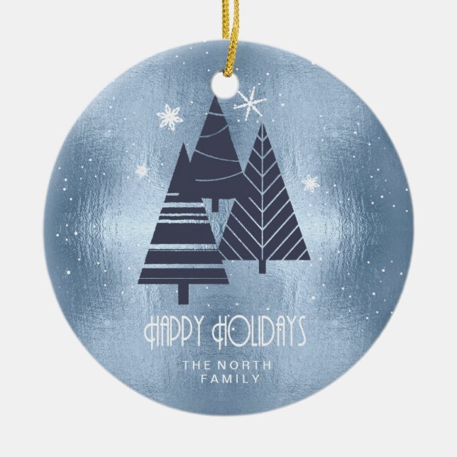 Christmas Trees and Snowflakes Blue ID863 Ceramic Ornament (Front)