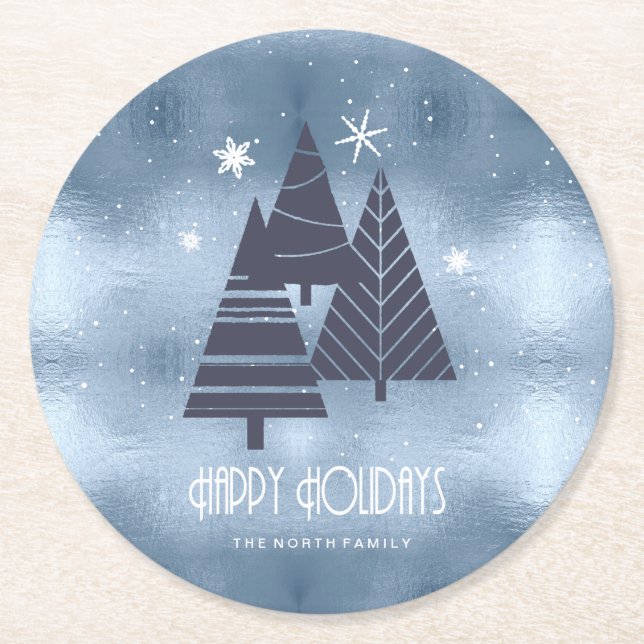 Christmas Trees and Snowflakes Blue ID863  Round Paper Coaster (Front)