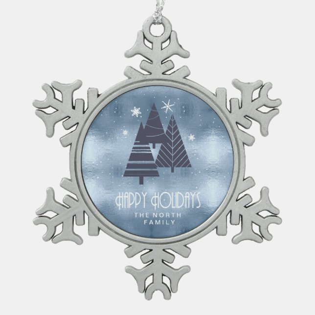 Christmas Trees and Snowflakes Blue ID863 Snowflake Pewter Christmas Ornament (Front)