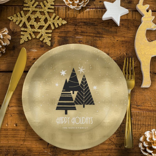 Christmas Trees and Snowflakes Gold ID863  Paper Plate (Creator Uploaded)