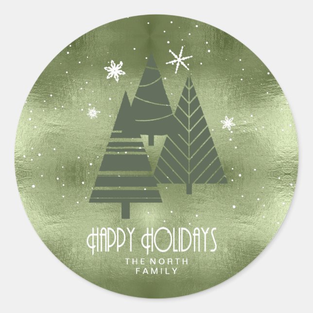 Christmas Trees and Snowflakes Green ID863 Classic Round Sticker (Front)