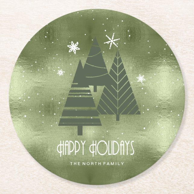 Christmas Trees and Snowflakes Green ID863 Round Paper Coaster (Front)