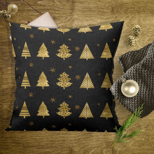 Christmas Trees and Snowflakes Pattern Gold ID863 Throw Pillow (Creator Uploaded)