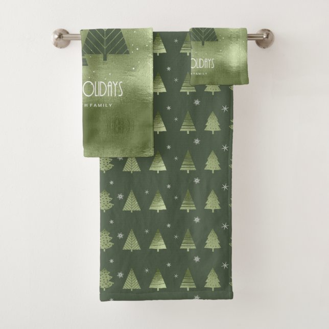 Christmas Trees and Snowflakes Pattern Green ID863 Bath Towel Set (Insitu)
