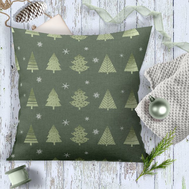 Christmas Trees and Snowflakes Pattern Green ID863 Throw Pillow (Creator Uploaded)