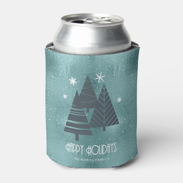Christmas Trees and Snowflakes Teal ID863 Can Cooler (Can Front)