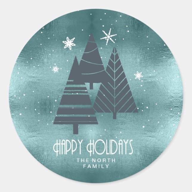 Christmas Trees and Snowflakes Teal ID863 Classic Round Sticker (Front)