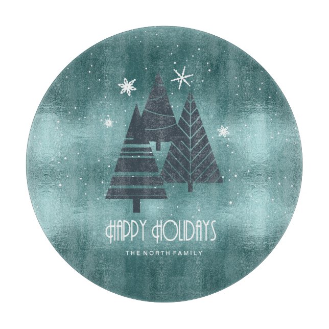 Christmas Trees and Snowflakes Teal ID863 Cutting Board (Front)