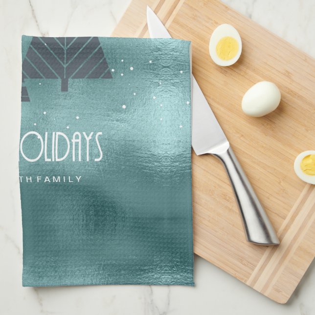 Christmas Trees and Snowflakes Teal ID863 Kitchen Towel (Quarter Fold)