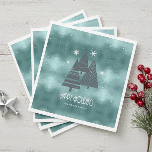 Christmas Trees and Snowflakes Teal ID863 Napkin