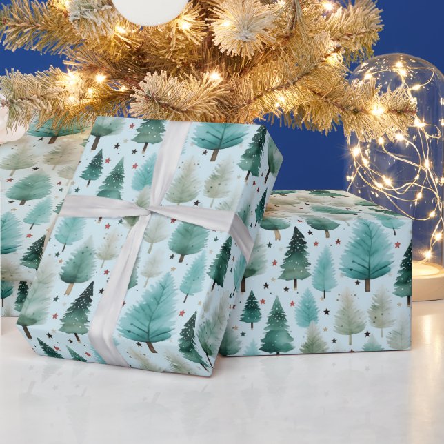 Christmas Trees and Stars Modern Christmas Wrapping Paper (Holidays)