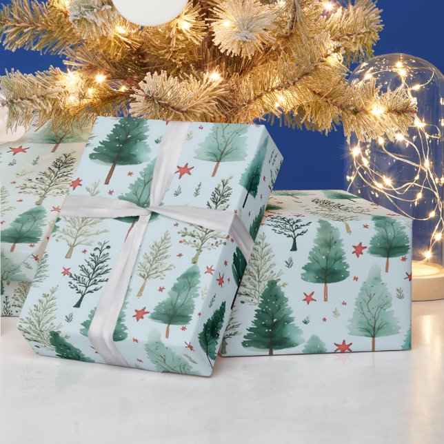 Christmas Trees and Stars Modern Christmas Wrapping Paper (Holidays)
