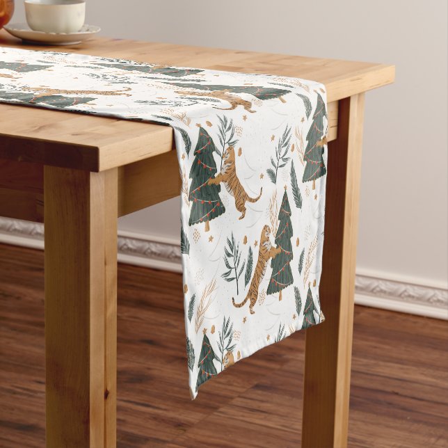 Christmas trees and tigers pattern short table runner (In Situ)