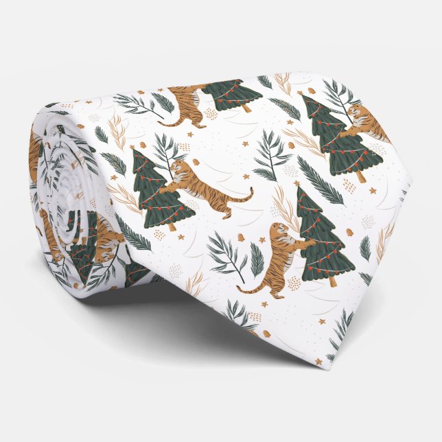 Christmas trees and tigers pattern tie (Rolled)